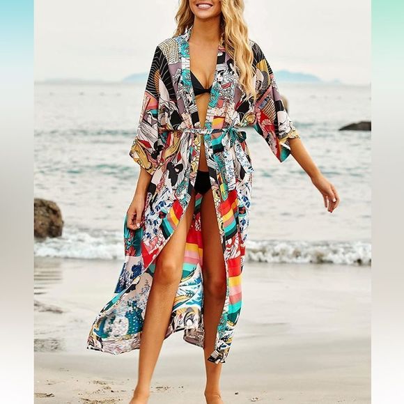 Women's Chiffon Kimono Cardigan Dress Bikini Cover Up Long Beach Blouses - Picture 4 of 7